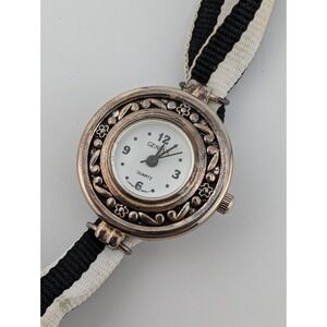 Geneva Watch Women‎ 26mm Silver Case Black/White Canvas Toggle Band- New Battery